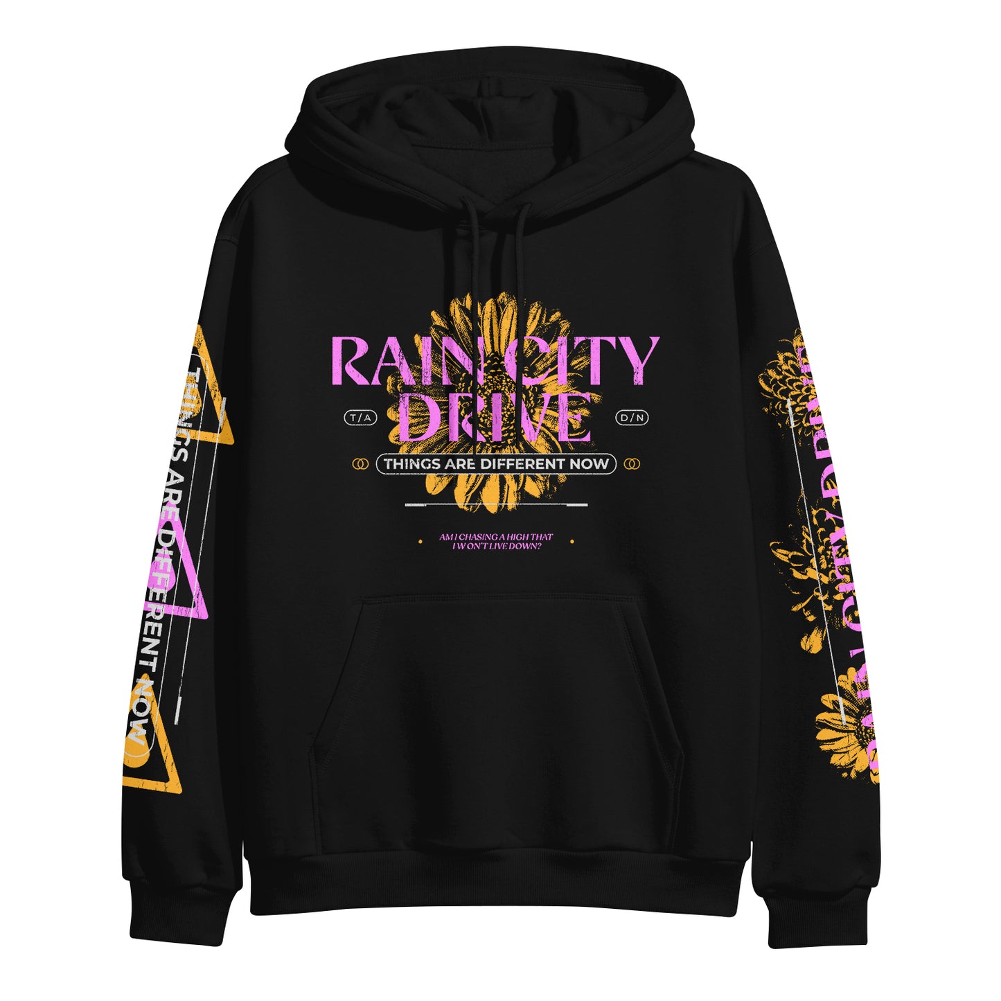 Rain City Drive black pullover hoodie featuring vibrant graphics: large pink and yellow Rain City Drive logo on the front above a gold “Things Are Different Now” banner; sleeves have yellow flowers, text, and geometric shapes.