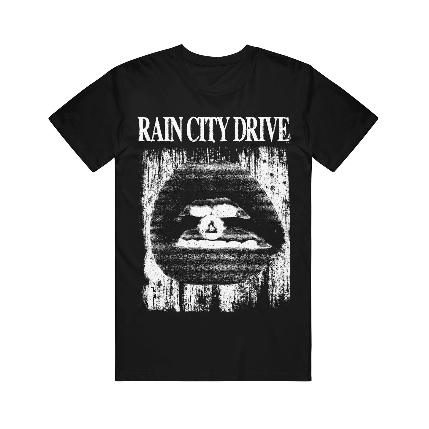 Rain City Drive unisex black Bella + Canvas T-shirt with a white lips-and-pill graphic (triangle detail), distressed background, and bold "RAIN CITY DRIVE" text above the image for a versatile fit.