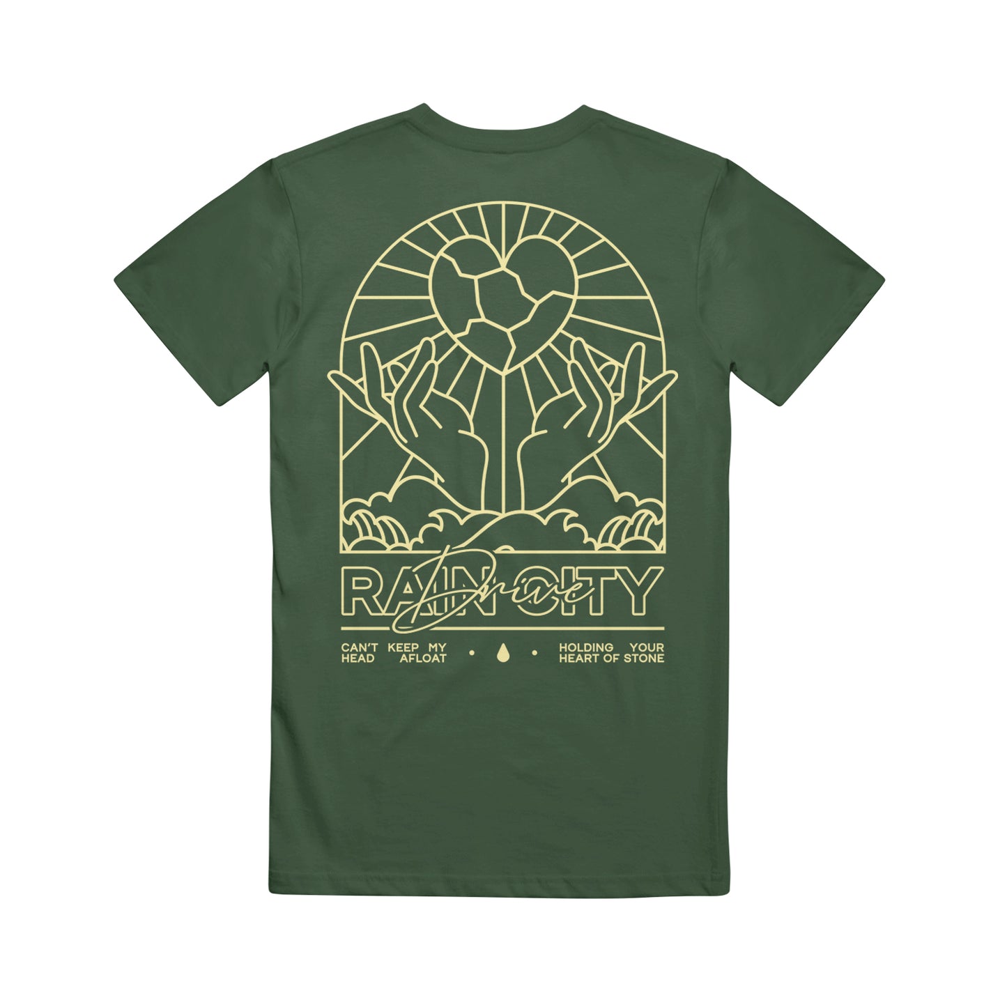 Dark green Rain City Drive T-shirt with a yellow line art design on the back: two hands holding a geometric heart with rays, and below are "Radiocity," "Can't keep my head afloat," and "Holding your heart of stone.