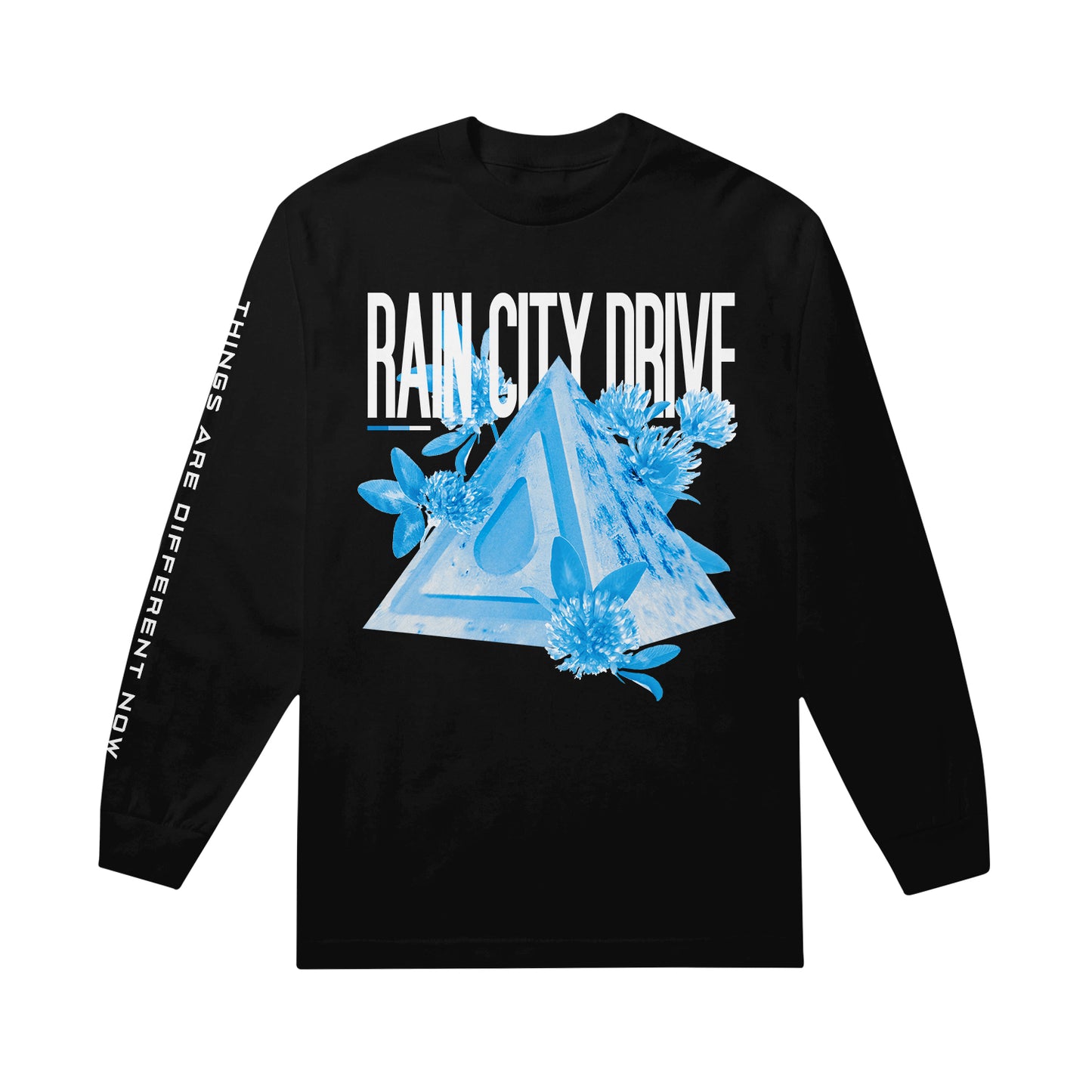 This premium black long-sleeve by Rain City Drive features a blue 3D triangle with flowers on the front, RAIN CITY DRIVE above, and THINGS ARE DIFFERENT NOW in white along the right sleeve.