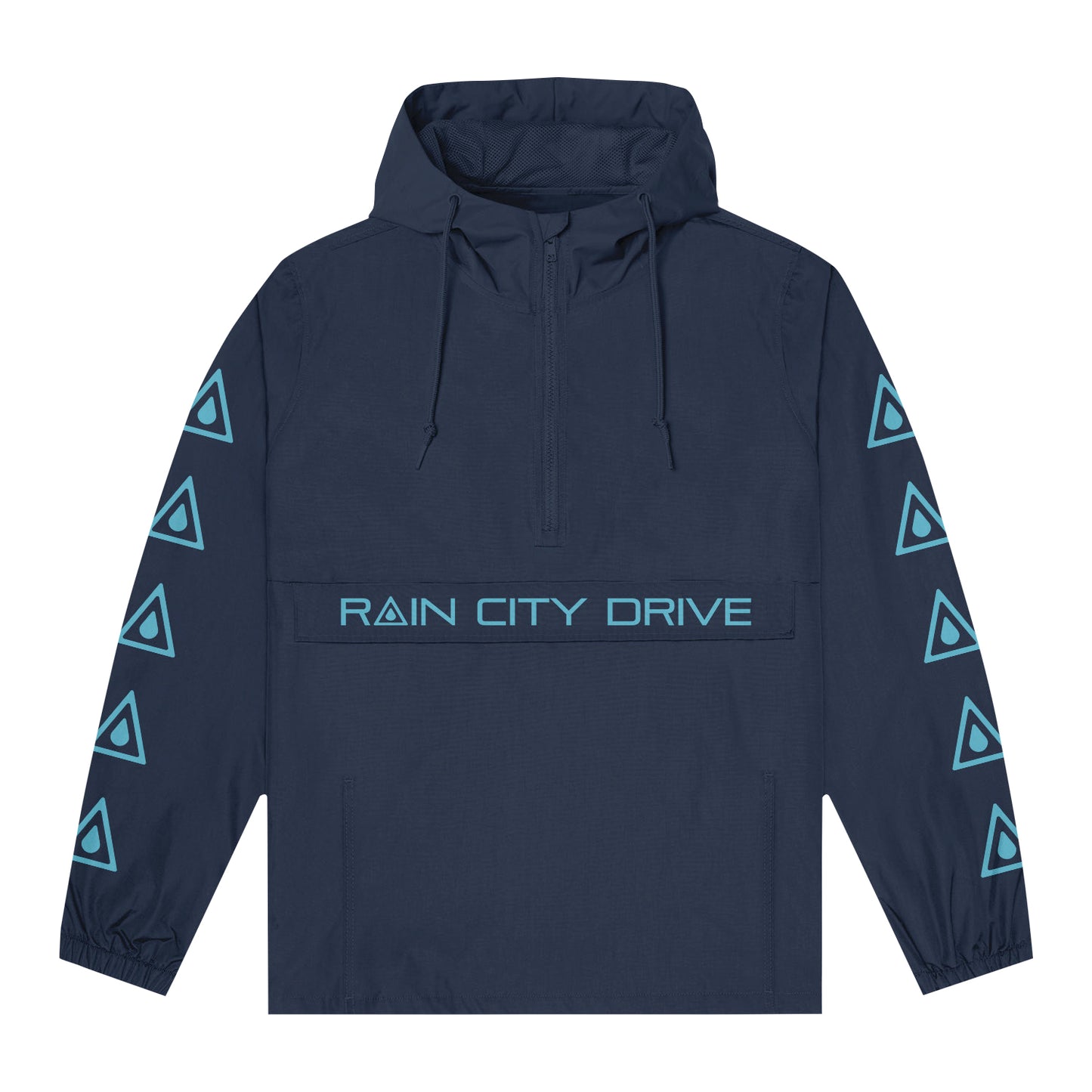 A navy blue Rain City Drive nylon anorak jacket featuring light blue triangle sleeve patterns, "RAIN CITY DRIVE" on the front pocket, a front zipper, and elastic cuffs—ideal for any men’s jacket collection.