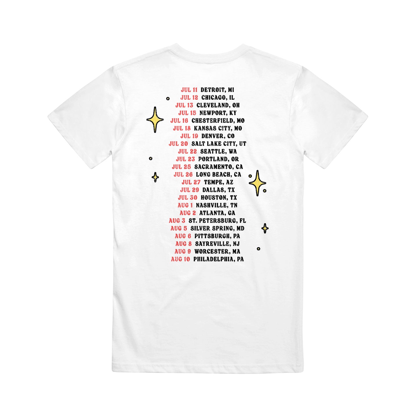 Back of a white Rain City Drive T-shirt features a list of tour dates and cities in red and black print, accented with small illustrated stars and dots.