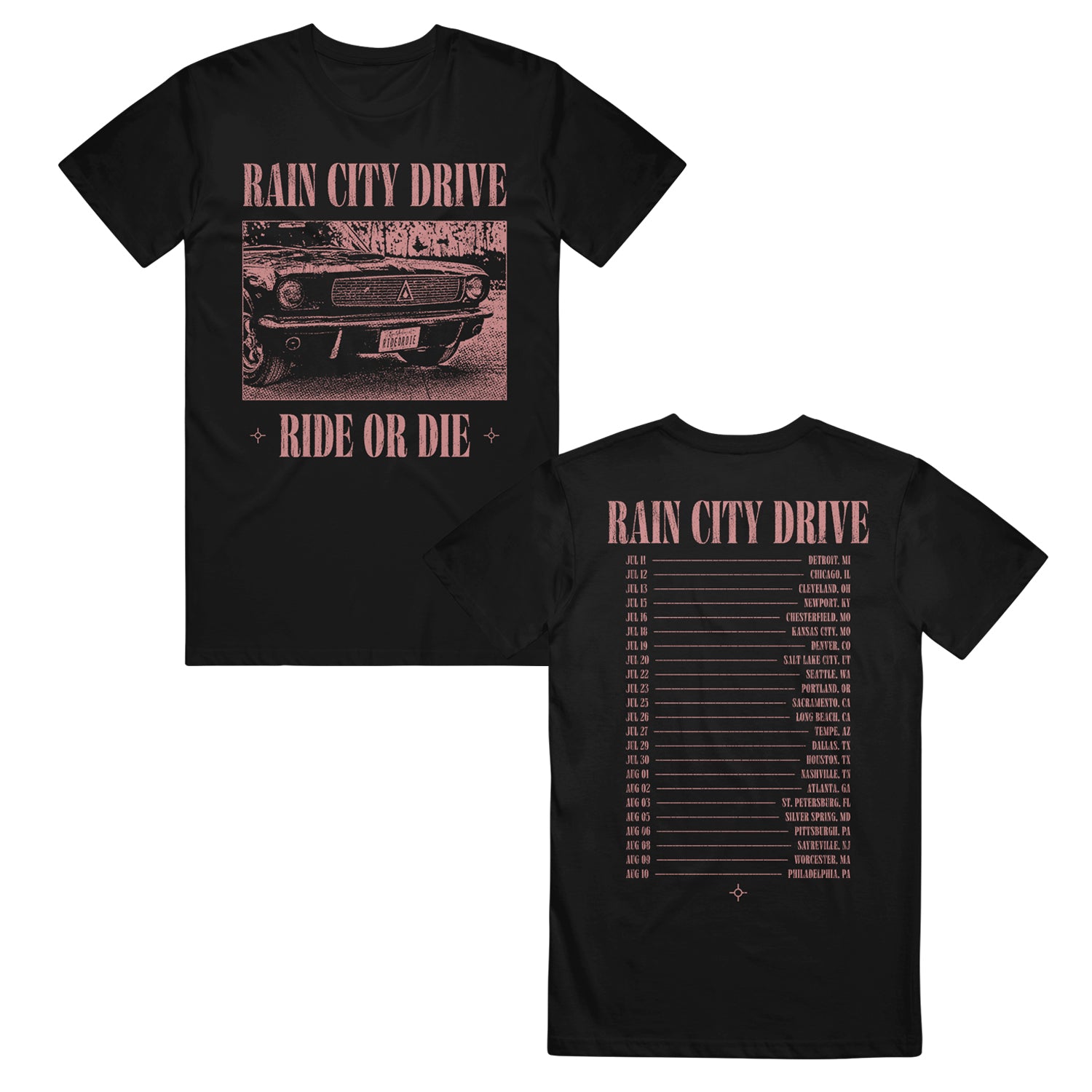 Rain City Drive black T-shirt by American Apparel with pink Rain City Drive text. Vintage car and “Ride or Die” on front; tour dates and cities on back—ideal for fans of printed tees.
