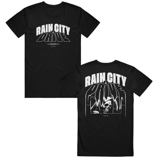 Two black Rain City Drive T-shirts with white Rain City Drive text on front and back; the back also features an abstract, stylized figure graphic beneath the text.