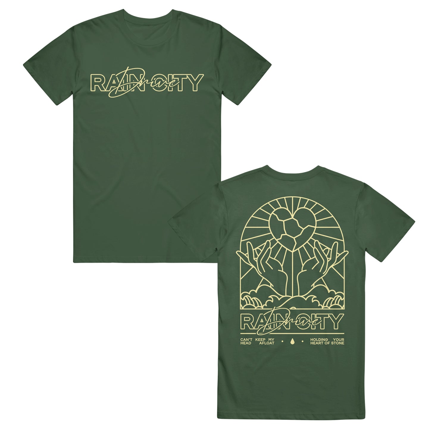 Dark green Rain City Drive T-shirt with “RAINDOTY” and a planet graphic on the front; back features hands holding a heart under sun rays, clouds, “RAINDOTY,” and event details in yellow line art.