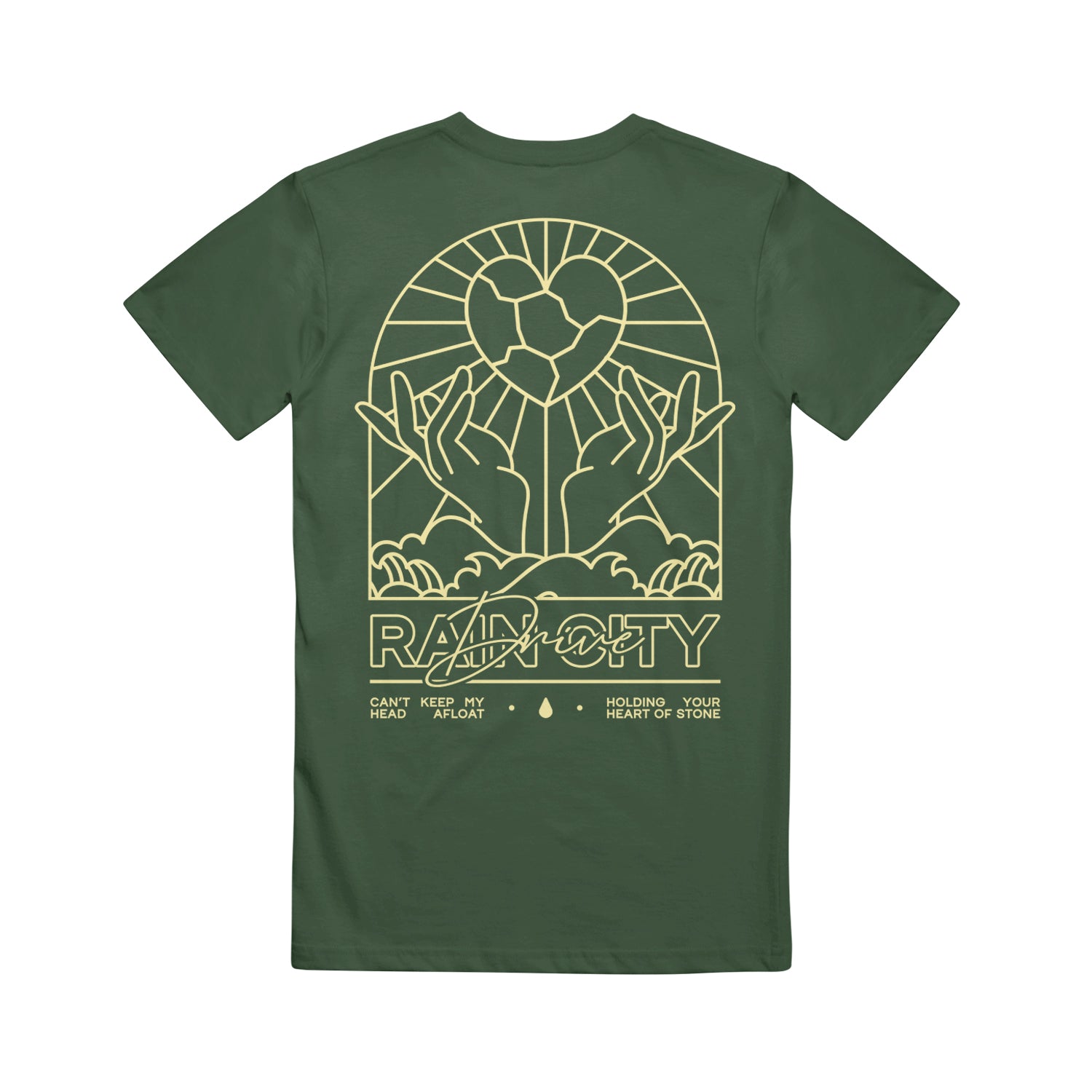 Dark green Rain City Drive T-shirt with a yellow line art design on the back: two hands holding a geometric heart with rays, and below are "Radiocity," "Can't keep my head afloat," and "Holding your heart of stone.