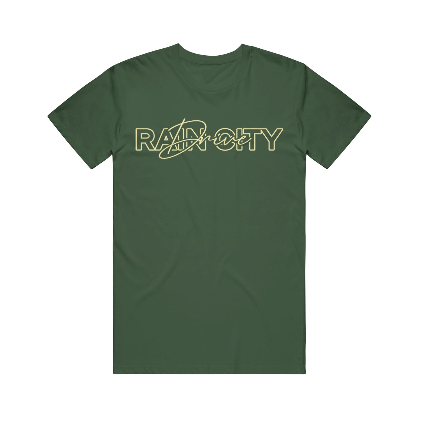 Dark green Rain City Drive T-shirt featuring RAPCITY in bold yellow outlined letters across the chest, with a stylized yellow swoosh and cityscape graphic.