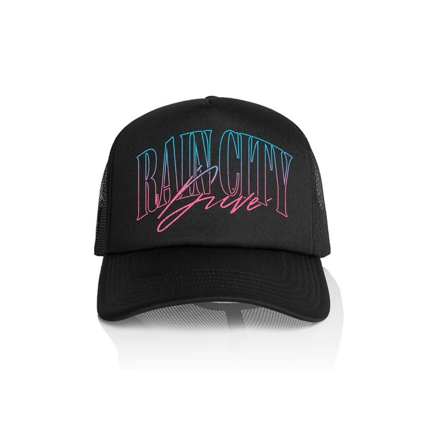 A black Rain City Drive AS Colour foam trucker hat with mesh sides features “RAIN CITY” in large blue and pink neon-style text, with “Grave” in pink cursive below, displayed against a white background.