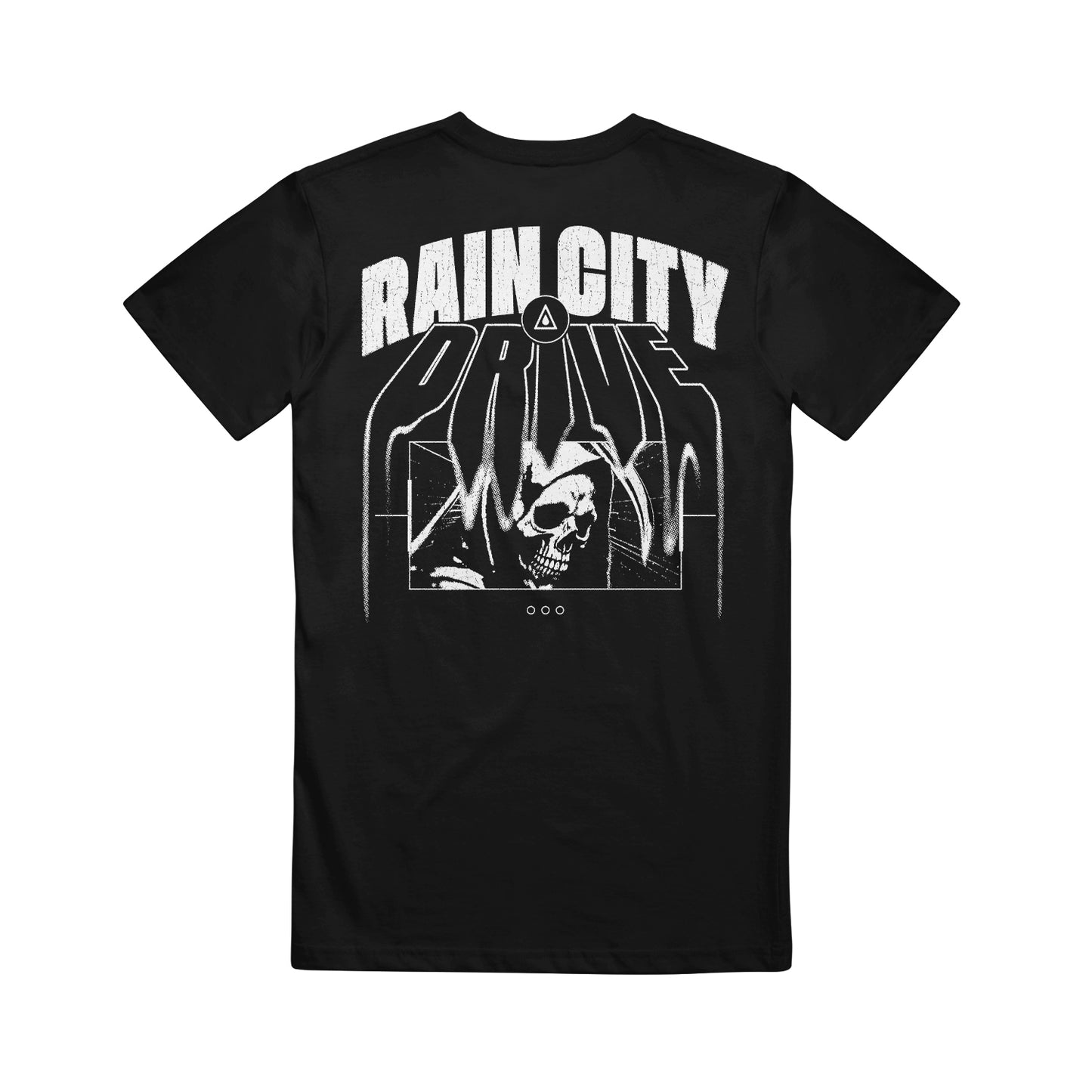 Black American Apparel T-shirt by Rain City Drive with a white graphic on the back—a hooded skeleton and bold "RAIN CITY PRIDE" text in large, stylized letters above the artwork.
