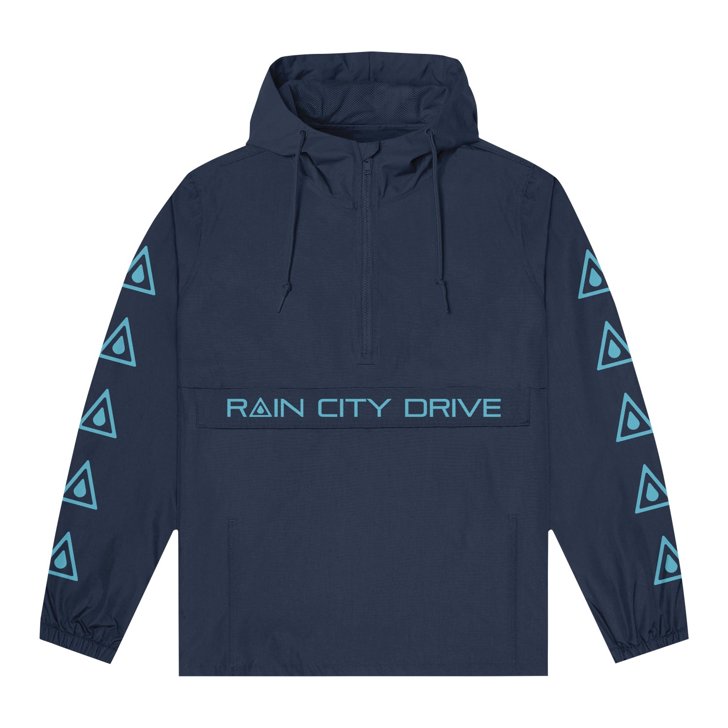 A navy blue Rain City Drive nylon anorak jacket featuring light blue triangle sleeve patterns, "RAIN CITY DRIVE" on the front pocket, a front zipper, and elastic cuffs—ideal for any men’s jacket collection.